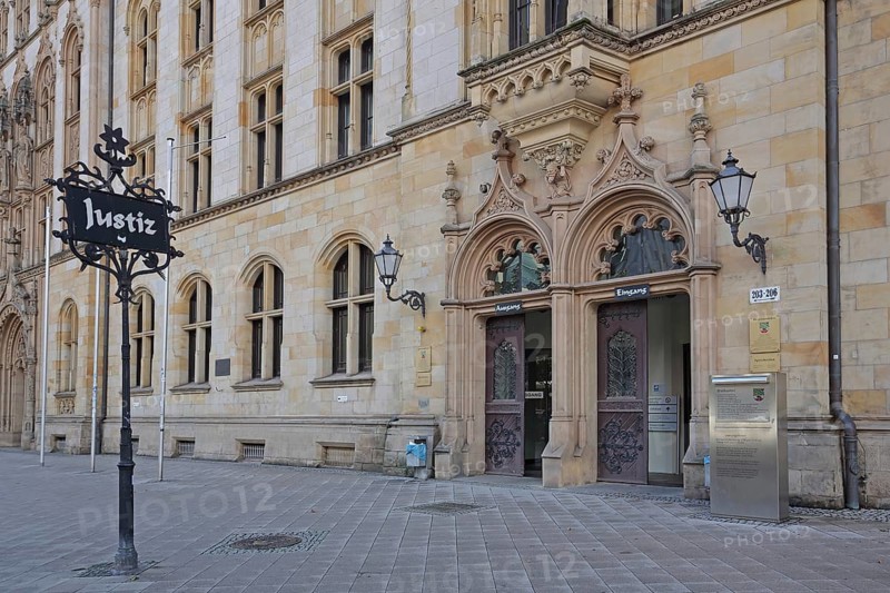 Portal of the historic labour court with sign for justice, court building, inscription, entrance and exit, open, open doors, open, Magdeburg, Saxony-Anhalt, Germany
