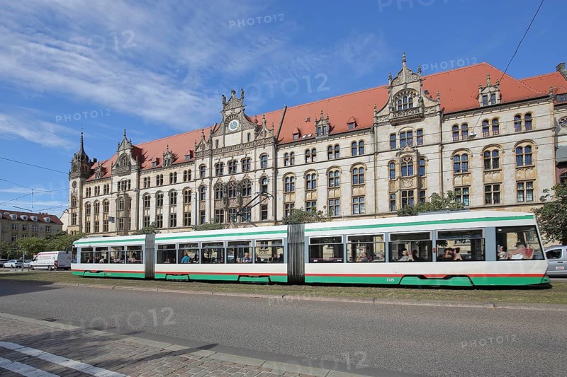 Historic labour court and tram, courthouse, local transport, Magdeburg, Saxony-Anhalt, Germany
