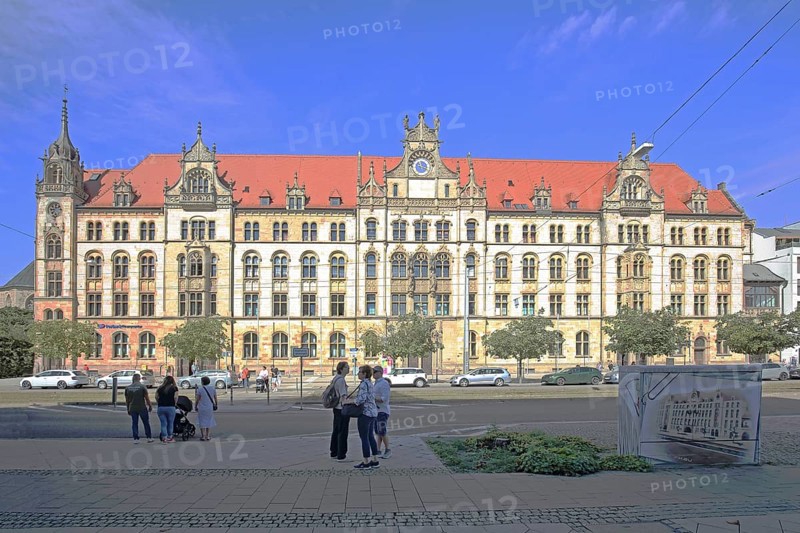 Historic labour court, courthouse and pedestrians, Magdeburg, Saxony-Anhalt, Germany