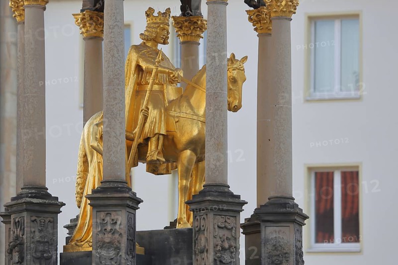 Magdeburg horseman with crown, golden equestrian figure, equestrian statue, sculpture, landmark, Alter Markt, Magdeburg, Saxony-Anhalt, Germany