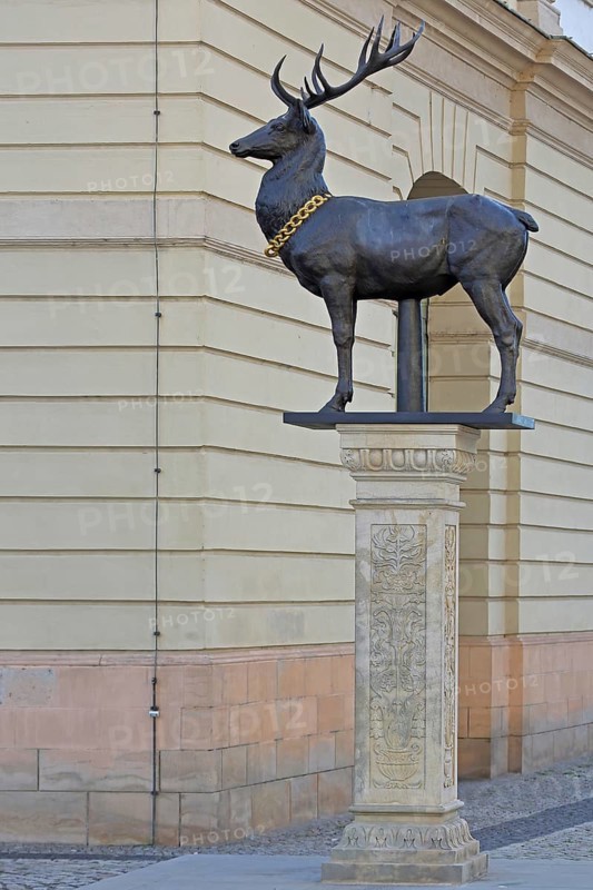 Stag column with stag statue, stag figure with golden collar, golden chain, Old Town Hall, Old Market Square, Magdeburg, Saxony-Anhalt, Germany