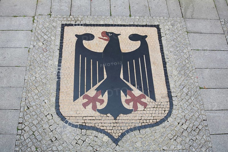 German coat of arms, federal eagle, cobblestones, ground, Old Town Hall, Old Market, Magdeburg, Saxony-Anhalt, Germany