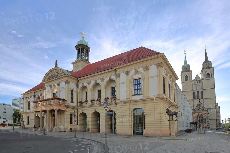 Baroque Old Town Hall built in 1713, stag column with stag statue and late Romanesque St. Johannis Church, Alter Markt, Magdeburg, Saxony-Anhalt, Germany
