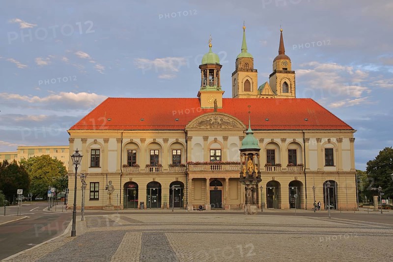 Baroque Old Town Hall built in 1713, and church towers of St. Johannis, Magdeburger horse-rider, Alter Markt, Magdeburg, Saxony-Anhalt, Germany