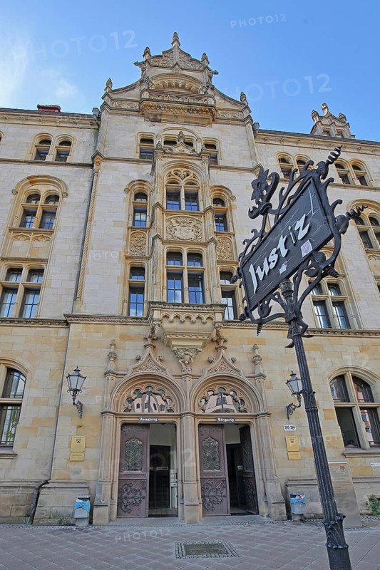 Portal of the historic labour court with sign for justice, court building, inscription, entrance and exit, open doors, open, view upwards, Magdeburg, Saxony-Anhalt, Germany