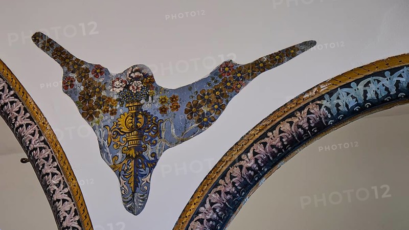Decorative artwork with floral patterns on a synagogue wall, Kahal Shalom Synagogue, Sephardic Synagogue, Oldest Synagogue in Greece, Synagogue, Jewish Quarter, Rhodes Old Town, Rhodes Town, Rhodes, Dodecanese, Greek Islands, Greece