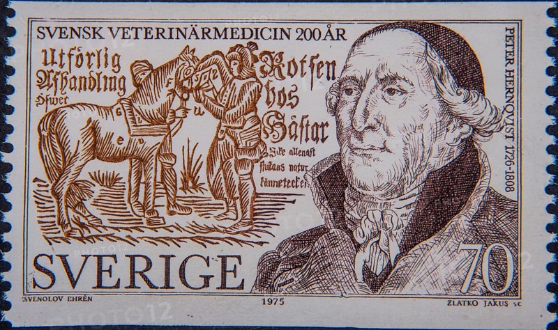 Peter Hernqvist (1726-1808), a Swedish professor and veterinarian – the father of Swedish veterinary medicine. Portrait on a Swedish stamp