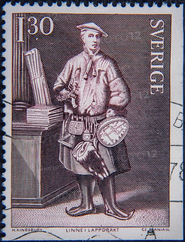 Carl von Linné alias Linnaeus, (1707-1778) a Swedish botanist and explorer. Dressed in North Swedish Same costume. Portrait on a Swedish postage stamp