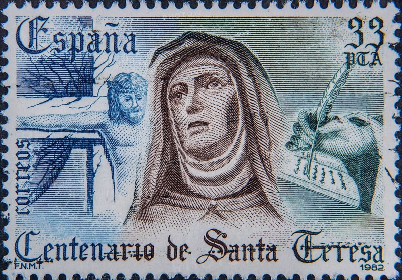 Saint Teresa, Teresa of Ávila (1515-1582) was a Spanish mystic, Carmelite nun and reformer of the order. Portrait on a Spanish postage stamp