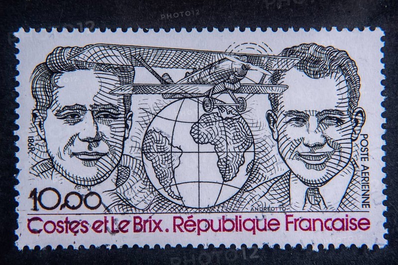 Dieudonné Costes (1892–1973) was a French fighter ace during World War I and Joseph Le Brix (1899-1931) was a French aviator, Portrait on a French postage stamp