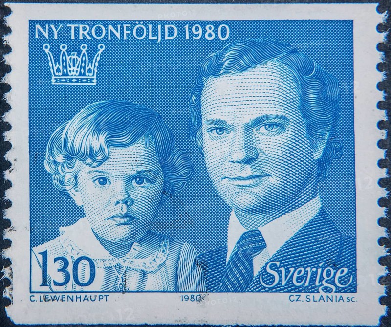 King Carl XVI Gustaf with Crown Princess Victoria three years old, Sweden, Scandinavia. Portrait on Swedish postage stamp