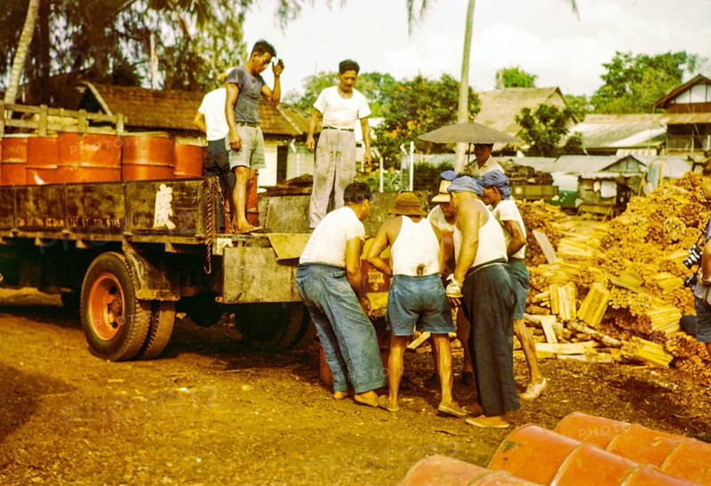 Male workers loading metal fuel drums onto back of lorry in timber yard, Johor Bahru, Johor, Malaya, Malaysia, south east Asia 1963