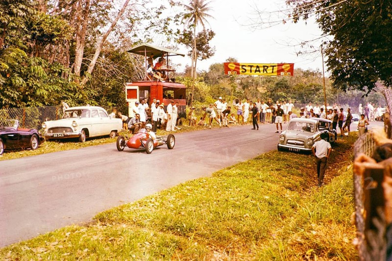 Start line of motor racing event, Gap Hill Climb, Singapore Motor Club, Singapore, south east Asia c 1963 thought to be driver Lim Peng Han in Kieft car known as an LA Special