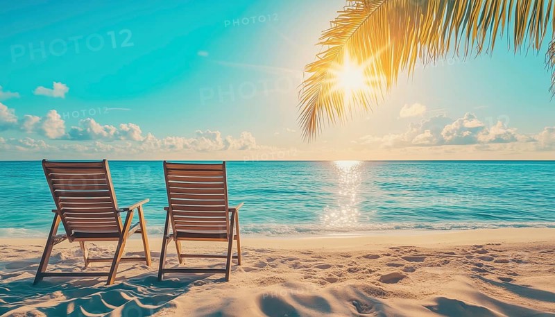 Spectacular Sun-Kissed Beach: Lounge Chairs On Sandy Shoreline. Perfect Getaway For Summer Vacation And Tourism. Stunning Tropical Seascape To Inspire, AI generated