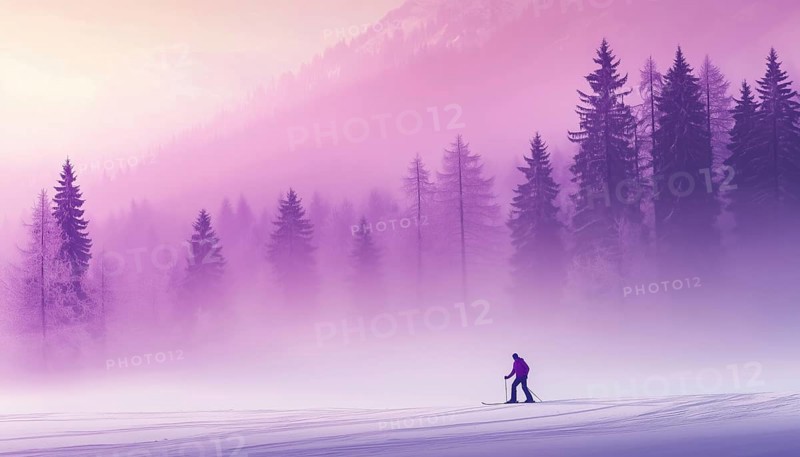 Cross-Country Skiing In Enchanting Misty Landscape: Mountains, Forest In The Violet Haze. Skier Glides Across Horizontal Nature Scene, AI generated