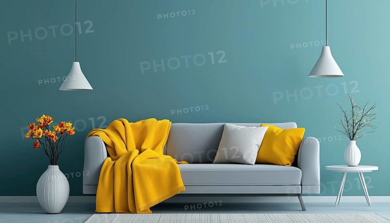 Elegant Living Room With Turquoise Wall And Grey Sofa, Brightened By Yellow Blanket, Flowers, And White Lamp. Study Table Installed. Spacious Area For Carpet, AI generated