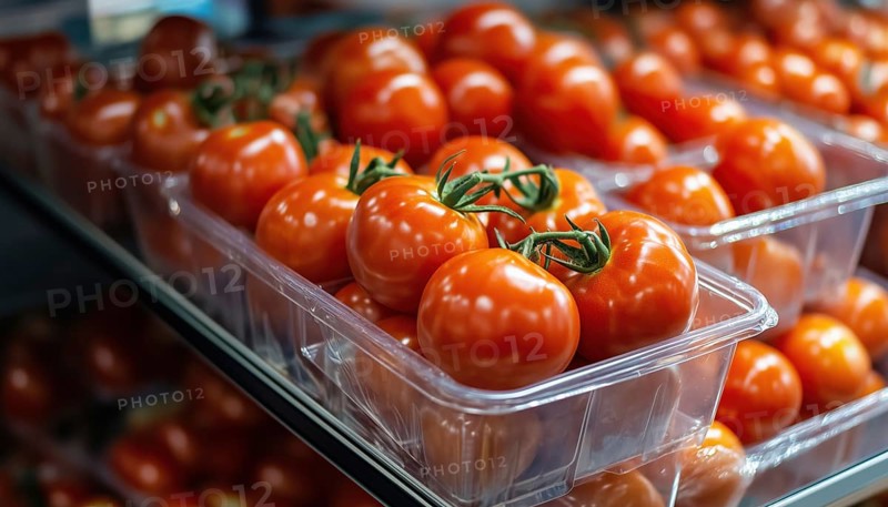 Purchase Fresh Tomatoes In Plastic Container Box: Juicy Red Ripe Tomatoes Displayed On Fridge Shelves In Supermarket. Natural, Healthy Ingredients For Cooking. Stored In Refrigerator At Mall, AI generated