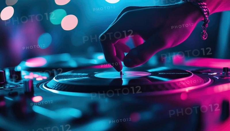 Dj Mixing Hip Hop Tracks On Vinyl Turntables In Nightclub With Blur Motion And Live Music Scene For Modern Dance, AI generated