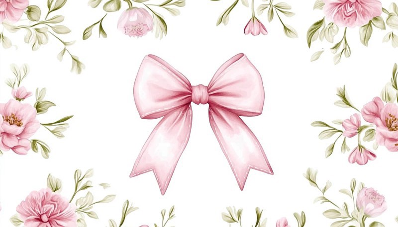 Floral Bouquet And Pink Ribbon Bow On White Background: Classic Elegance Flower Print For Fabric, Wallpaper, Or Wrapping Paper. Cute Coquette Pattern, AI generated