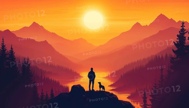 Solo Adventure: Hiking With Dog In Sun-Kissed Mountain Landscape, Enjoying Peaceful Beauty Of Forest, Rivers, And Sunlit Mountains, AI generated