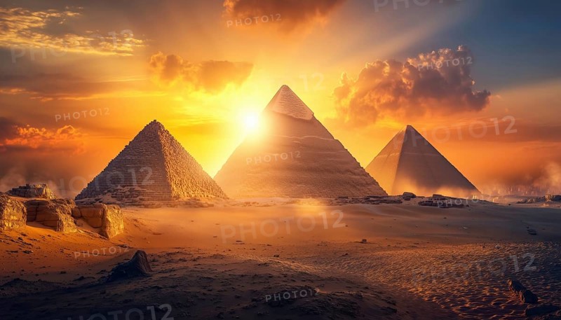 Ancient Egyptian Pharaohs Pyramids Complex: Illuminated By Sunlight On Giza Plateau- Famous Tourist Attractions In African Desert'S Historical Landscape, AI generated