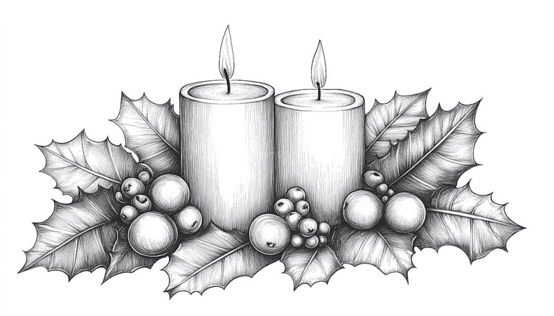Freehand Pen And Ink Sketch Of Graphic Candles, Holly Berries, And Leaves. Capture The Festive Spirit With This Detailed Drawing, AI generated