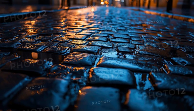 Bottom View Of Wet Cobblestones On A Street Or Road Surface At Night Following Rainfall. Stunning And Reflective Scene. Beauty In Simplicity, AI generated