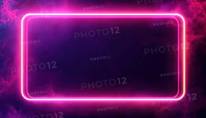 Shimmering Neon Double Rounded Rectangular Frame On Deep Purple Background. Radiant Techno Backdrop With Empty Glow, AI generated