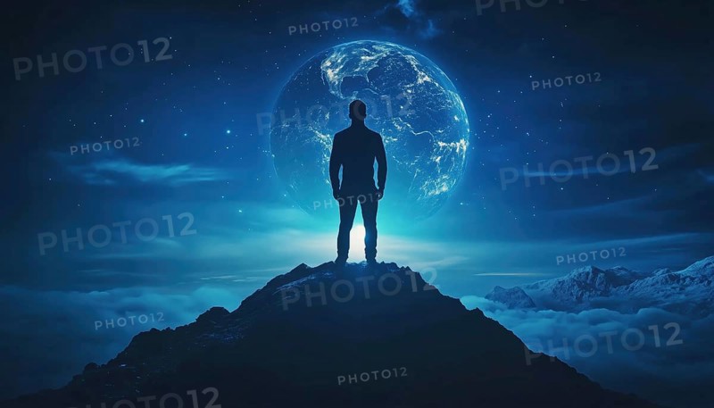 Achieving Success: Businessman'S Silhouette On Mountain Top, Leading In Competition. Standing With Illuminated Globe At Night. Leadership Displayed, AI generated