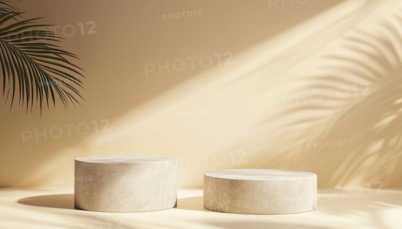 Two Exhibition Podium Stands On Pastel Beige And Grey Stone Pedestals For Premium Product Display With Palm Leaf Shadow, AI generated