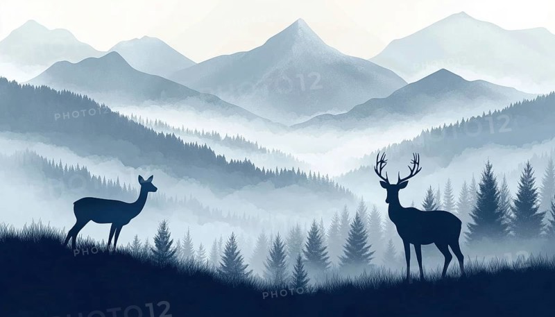 Magical Misty Landscape: Deer, Doe, And Fawn Silhouette Standing In Hill With Forest And Mountains, Blue And Gray Bookmark, AI generated