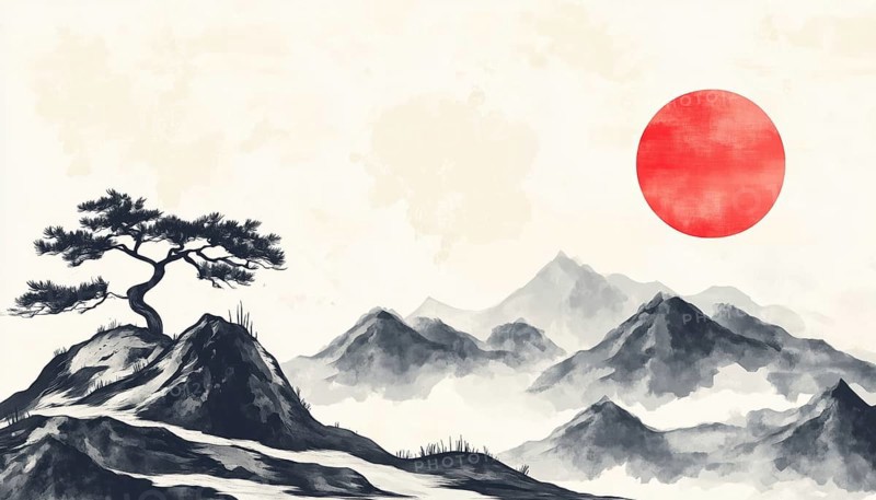 Oriental Landscape With Mountain, Tree, Red Sun, And Cloud In Japanese Art Style: Perfect For Wallpaper, Prints, Cover, And Decoration, AI generated
