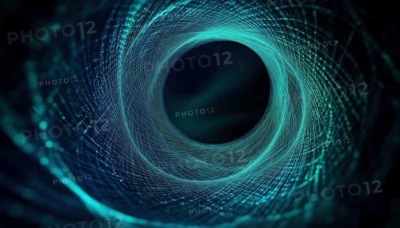 Abstract Blue Green Light Weaving Pattern In Circular Shape On Black In Technology, Science, Music, And Modern Design, AI generated