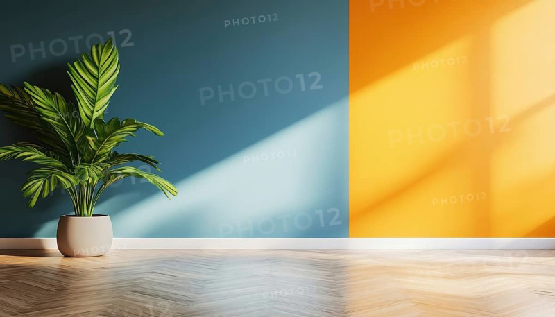 Modern Home Living Room Interior With Blue And Orange Wall Accents, Concrete Features, Vibrant Vase Of Plants, Trendy Furniture, Garden View, And Parquet Flooring, AI generated