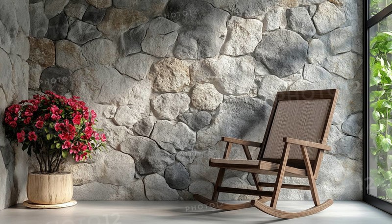 Elegant Home Decor: Grey Stone Wall With A Niche, Rocking Chair, And Flower Details For Stylish Interior Design, AI generated