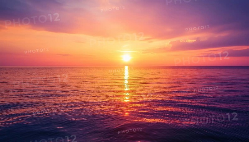 Tranquil Sunset: Inspiring Ocean Horizon With Orange, Gold, And Purple Skies Reflecting On Calm Waters. Summer Serenity And Wide Seascape, AI generated