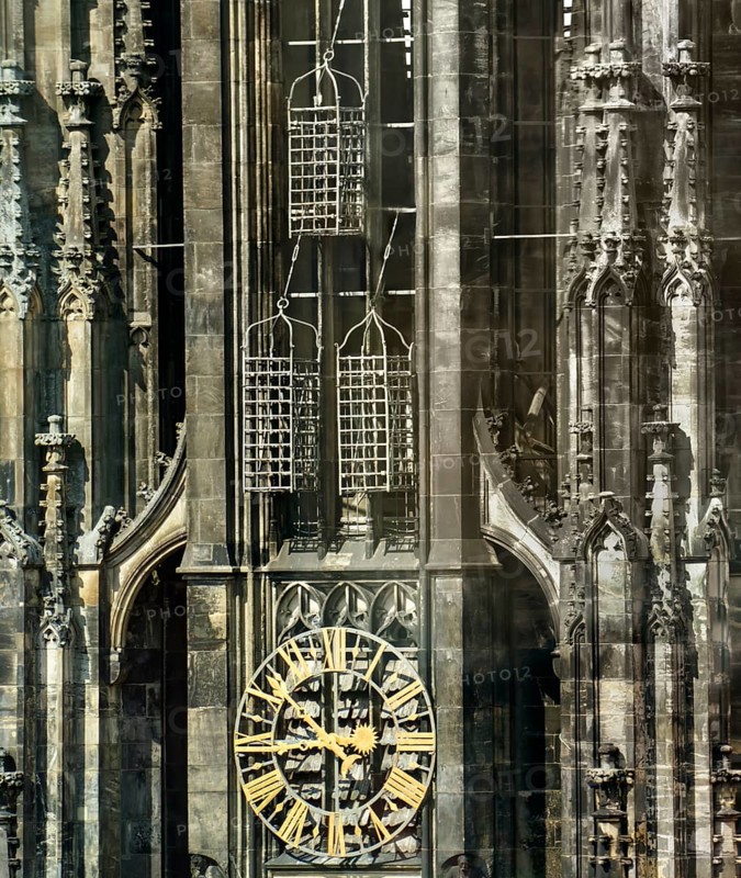 The cages from the radical anabaptist Münster rebellion in 1535, tower of Sankt Lamberti, St Lambert's Catholic Church, Münster, North Rhine-Westphalia, Germany