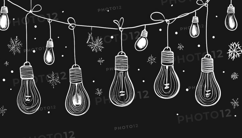 Black And White Christmas Lights String Art: Winter Holiday Garland Decoration With Light Bulb Doodle And Monochrome Pattern For Birthday Party, AI generated