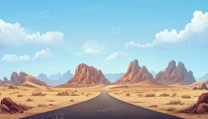 Majestic Peaks And Boulders In A Barren Desert Setting: A Desert Road Cutting Through The Vast Empty Expanse Of Sand, AI generated