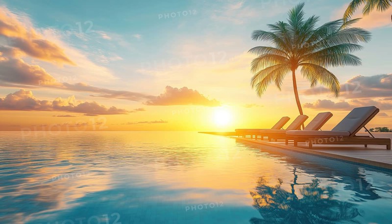 Luxurious Poolside And Sunny Sky: Stunning Tropical Beachscape With Deck Chairs, Loungers, And Palm Tree Reflections, Embracing Luxury Summer Beach Vibes, AI generated