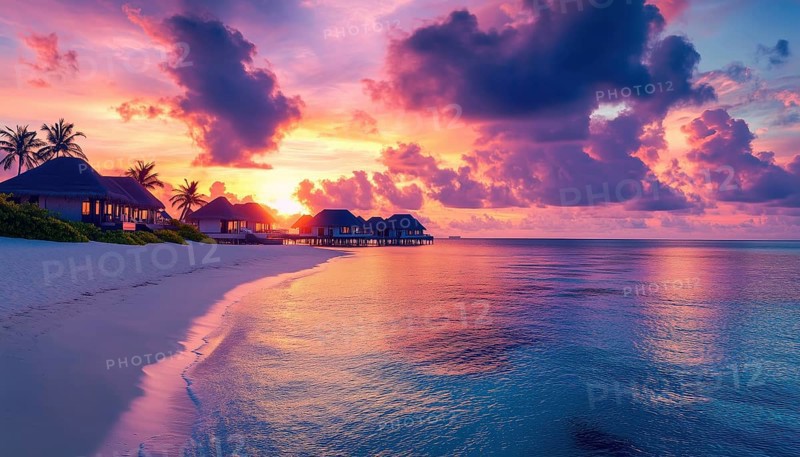 Luxurious Sun Panorama In The Maldives: Resort Villas With Soft Led Lights, Twilight Sky, And Clouds For A Beautiful Vacation Holiday On The Beach, AI generated