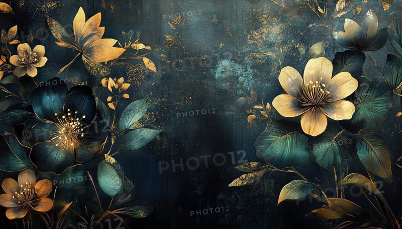 Luxurious Gold And Black Floral Wall Art With Dark Blue And Green Accents, Shiny Golden Light, Modern Art Mural Wallpaper, AI generated