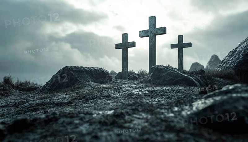 Three Crosses On A Gray Background Representing Calvary. The Crosses Are Illuminated By Light, With A Calvary Sign In The Foreground, AI generated