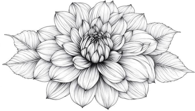 Exquisite Monochrome Black And White Dahlia Flower With Hand-Drawn Contour For Special Occasions Like Weddings, Birthdays, And Mother'S Day. Perfect For Greeting Cards, AI generated