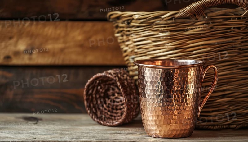 Antique Copper Cup And Basket Displayed In Empty Setting: A Vintage Display Of Elegance And Charm In A Simple Space, AI generated