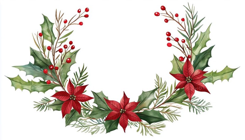 Festive Christmas Wreath Border Featuring Branches, Leaves, Flowers, And Red & Green Pointia. Ideal For Greeting Cards, Festive Signs, And Invitations, AI generated