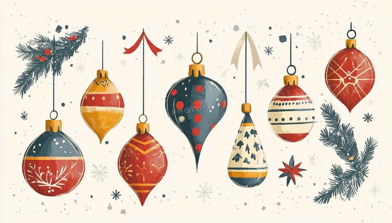 Vintage Christmas Ornaments For Festive Greeting Cards And Invitations - Perfect For A Nostalgic Holiday Touch. Add Some Retro Charm!, AI generated