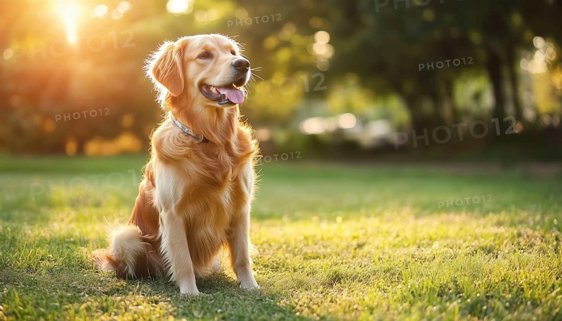 Gorgeous And Intelligent Golden Retriever Enjoying The Sun In A Garden Park Surrounded By Lush Greenery At Home. A Lovely Pet Setting, AI generated