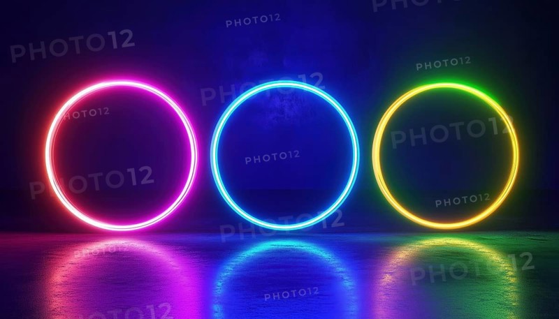Vibrant Neon Circle Frames On Dark Backdrop: Modern And Eye-Catching Neon Light Circles In Green, Pink, And Blue Colors. Ideal Design Element, AI generated