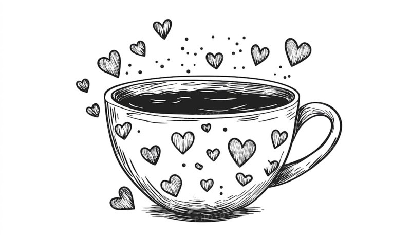 Adorable Cup Of Hot Chocolate With Hearts: Hand-Drawn Doodle Mug With Tasty Drink On White Background. Perfect For Cafe Menus And Coffee Shop Ads. Monochrome Design, AI generated